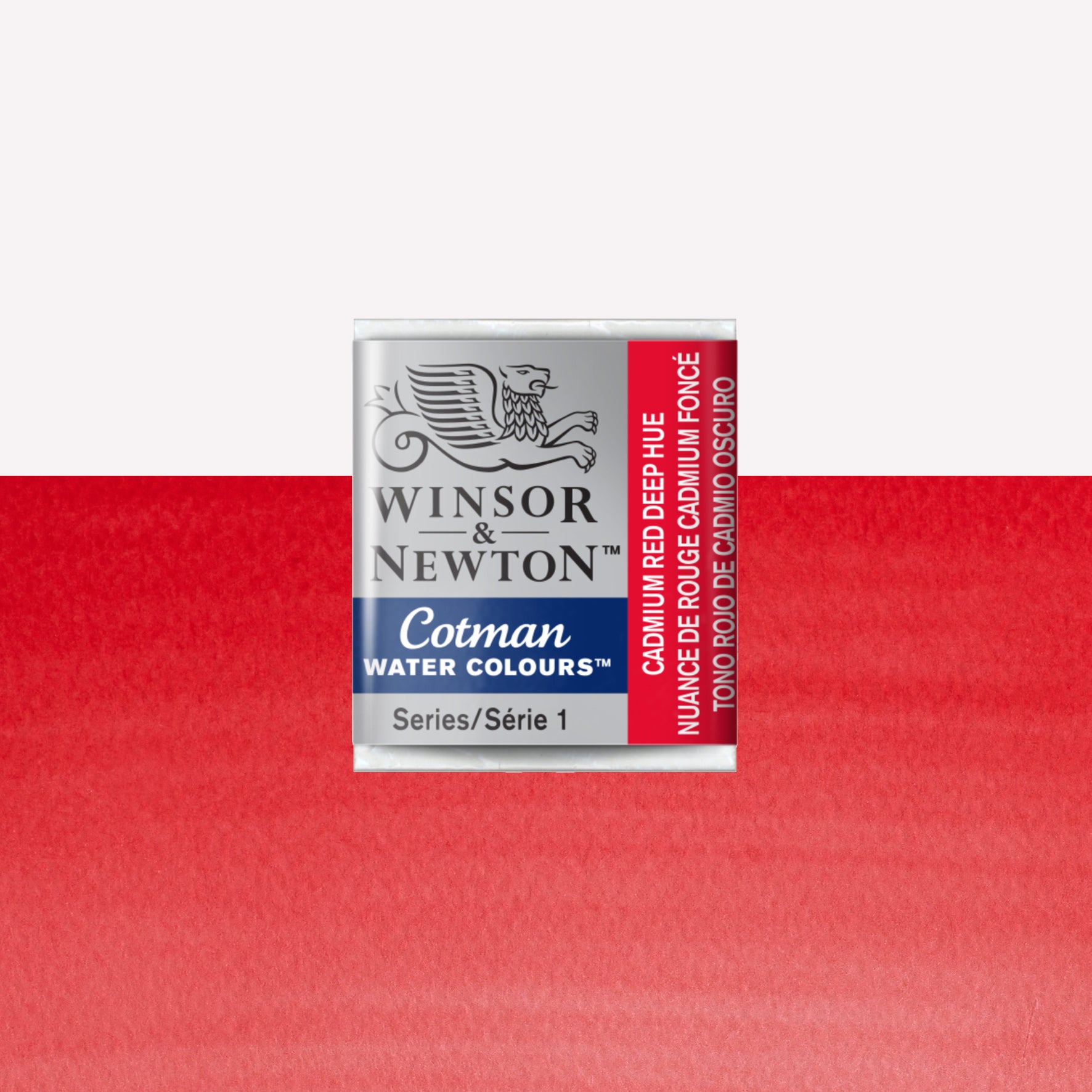 Winsor & Newton Cotman watercolour half pan in the shade Cadmium Red Deep Hue over a vibrant colour swatch. These half pans have a solid formula and are packaged in compressed paint cake. 