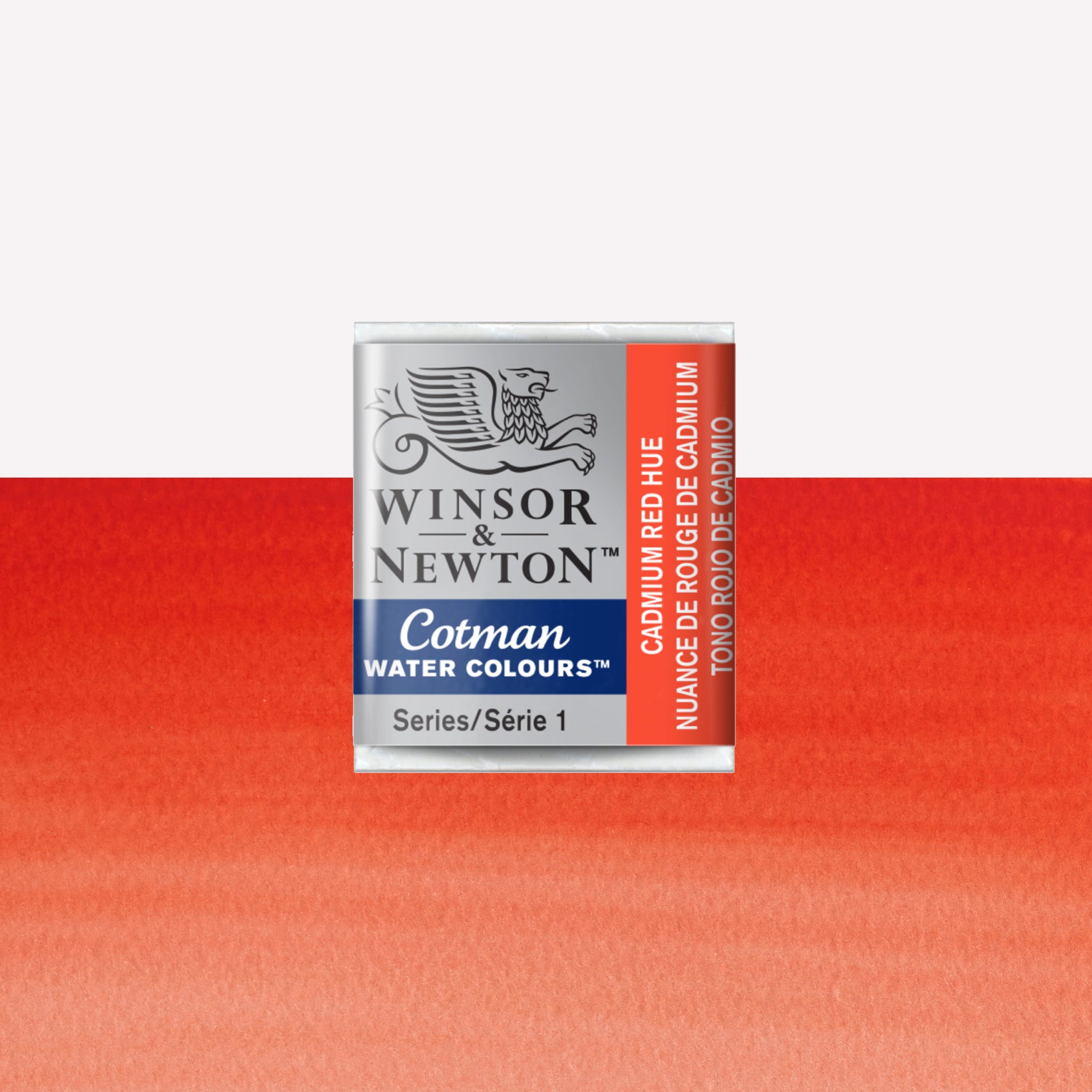 Winsor & Newton Cotman watercolour half pan in the shade Cadmium Red Hue over a vibrant colour swatch. These half pans have a solid formula and are packaged in compressed paint cake. 