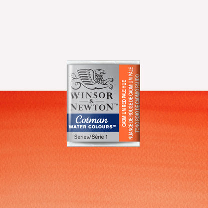 Winsor & Newton Cotman watercolour half pan in the shade Cadmium Red Pale Hue over a vibrant colour swatch. These half pans have a solid formula and are packaged in compressed paint cake. 