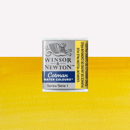Winsor & Newton Cotman watercolour half pan in the shade Cadmium Yellow Pale Hue Hue over a vibrant colour swatch. These half pans have a solid formula and are packaged in compressed paint cake. 