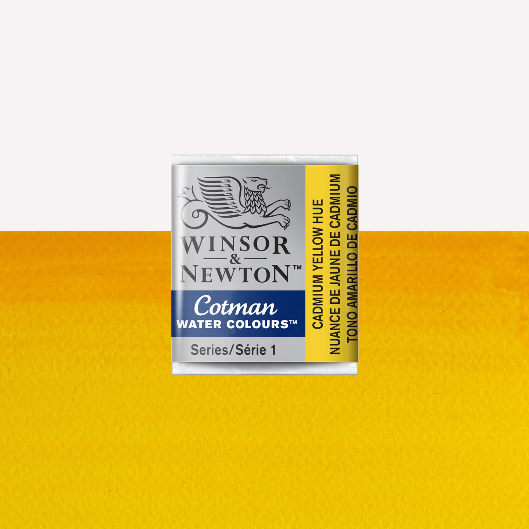 Winsor & Newton Cotman watercolour half pan in the shade Cadmium Yellow Hue over a vibrant colour swatch. These half pans have a solid formula and are packaged in compressed paint cake. 