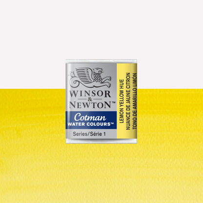 Winsor & Newton Cotman watercolour half pan in the shade Lemon Yellow Hue over a vibrant colour swatch. These half pans have a solid formula and are packaged in compressed paint cake. 