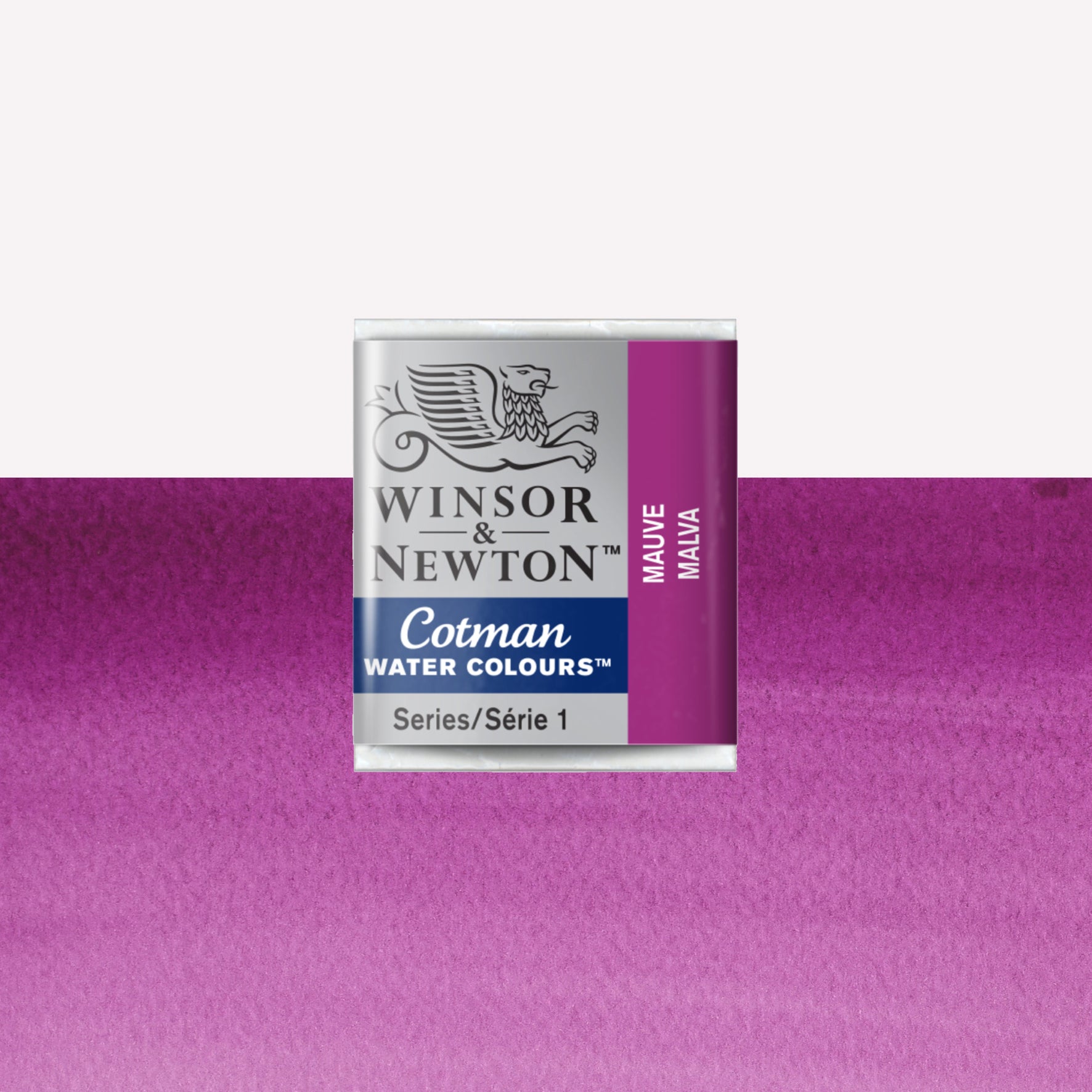 Winsor & Newton Cotman watercolour half pan in the shade Mauve over a vibrant colour swatch. These half pans have a solid formula and are packaged in compressed paint cake. 