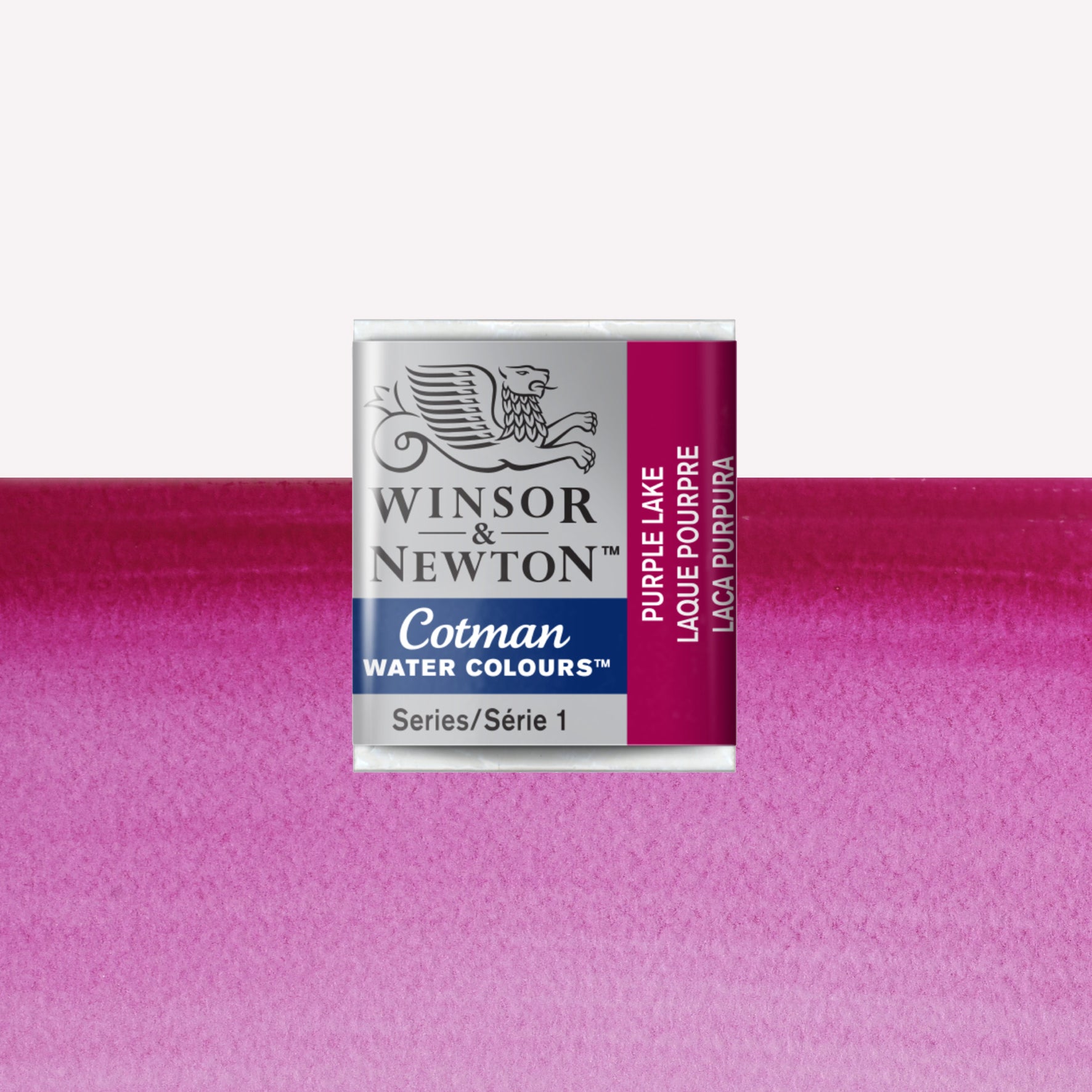 Winsor & Newton Cotman watercolour half pan in the shade Purple Lake over a vibrant colour swatch. These half pans have a solid formula and are packaged in compressed paint cake. 