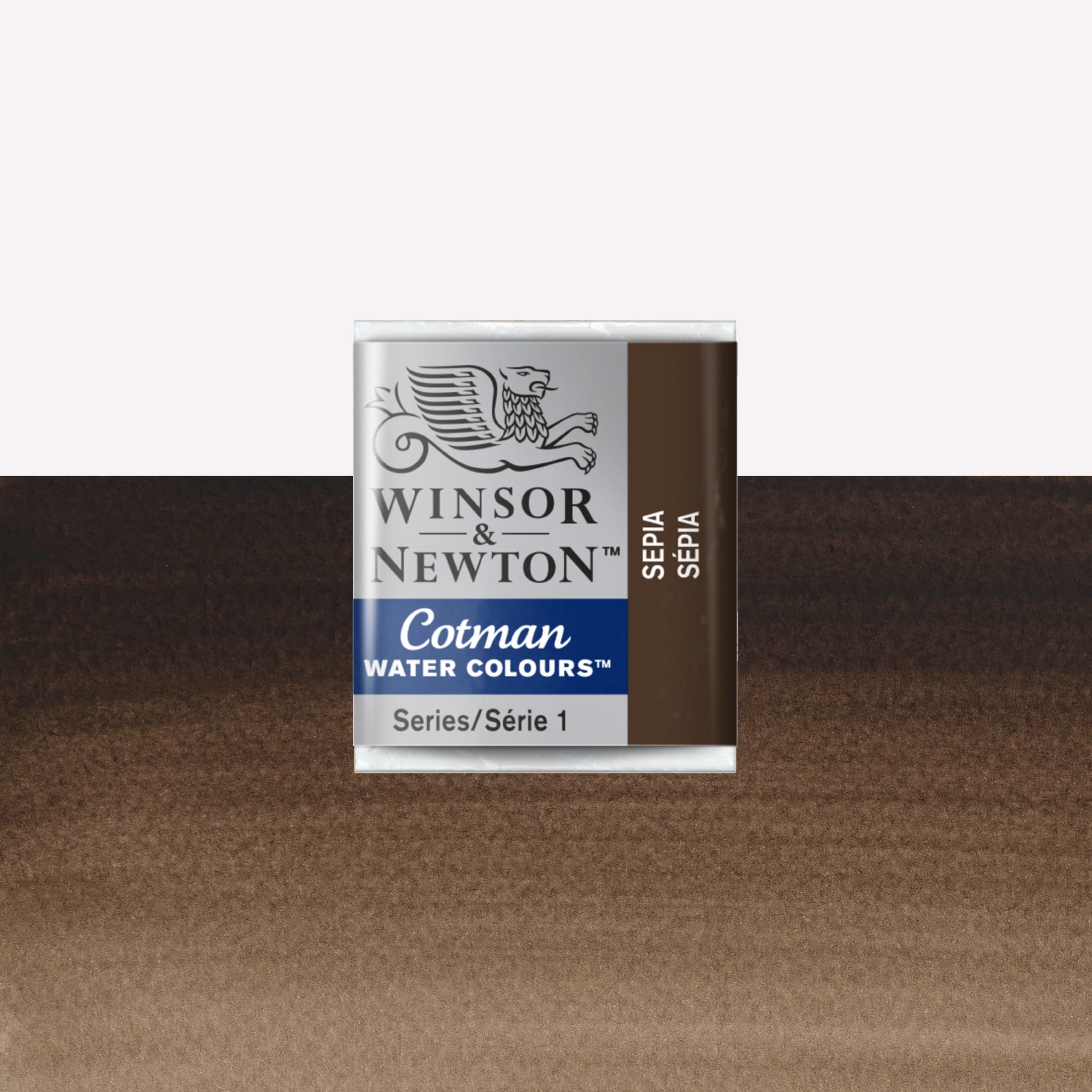 Winsor & Newton Cotman watercolour half pan in the shade Sepia over a vibrant colour swatch. These half pans have a solid formula and are packaged in compressed paint cake. 