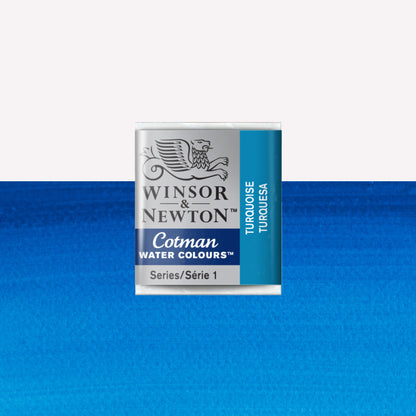 Winsor & Newton Cotman watercolour half pan in the shade Turquoise over a vibrant colour swatch. These half pans have a solid formula and are packaged in compressed paint cake. 