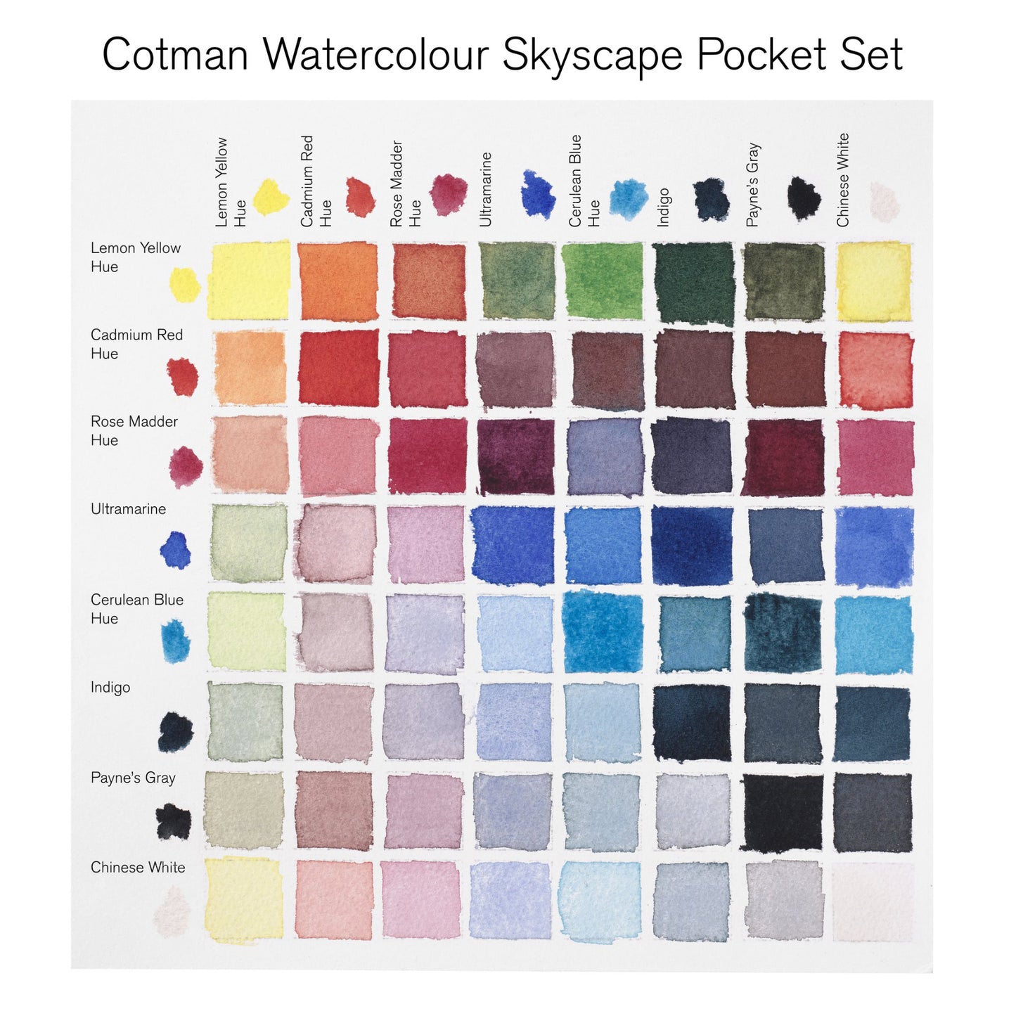 Cotman Watercolour Landscape pocket set colour chart demonstrates the colour spectrum that can be mixed using the 8 available half pans in this set. This palette has been carefully curated for painting skyscape and coastal scenes. 
