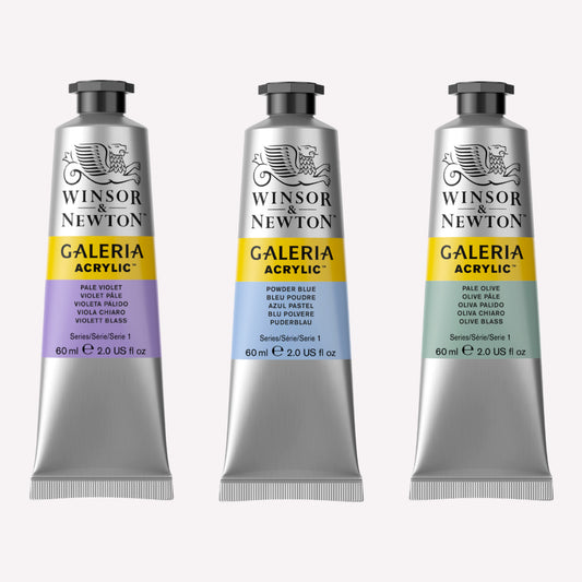 A set of 3 60ml tubes of Winsor and Newton pastel coloured Galeria Acrylic paints. Packaged in a silver tube, the featured colours include Pale Violet, Powder Blue and Pale Olive.  