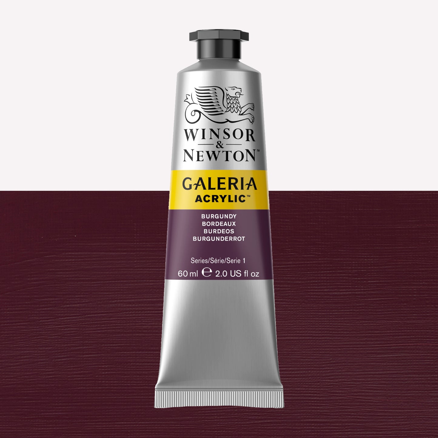 A 60ml tube of vibrant Galeria Acrylic paint in the shade Burgundy. This professional-quality paint is packaged in a silver tube with a black lid. Made by Winsor and Newton.