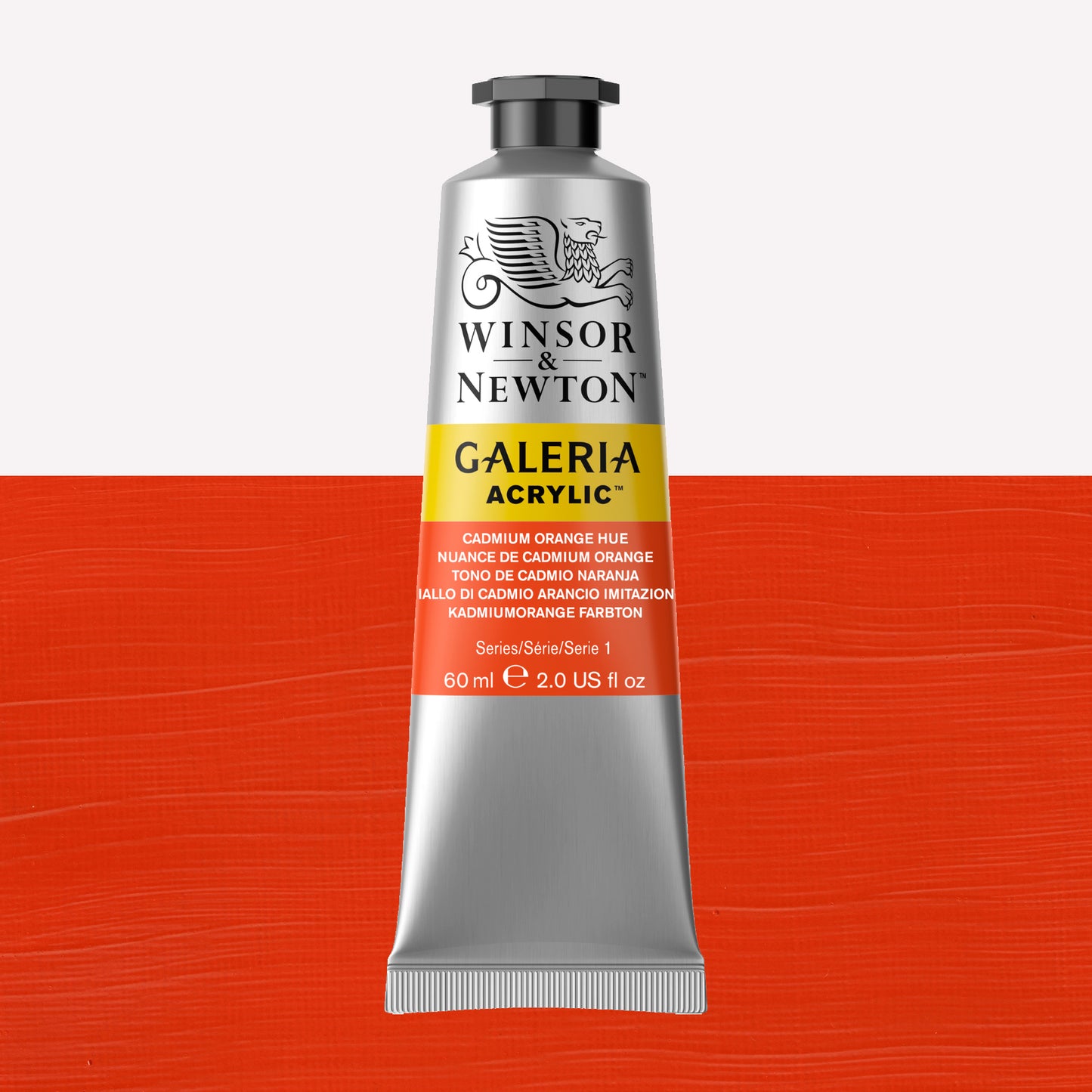 A 60ml tube of vibrant Galeria Acrylic paint in the shade Cadmium Orange Hue. This paint, made by Winsor and Newton, is packaged in a silver tube with a black lid. 