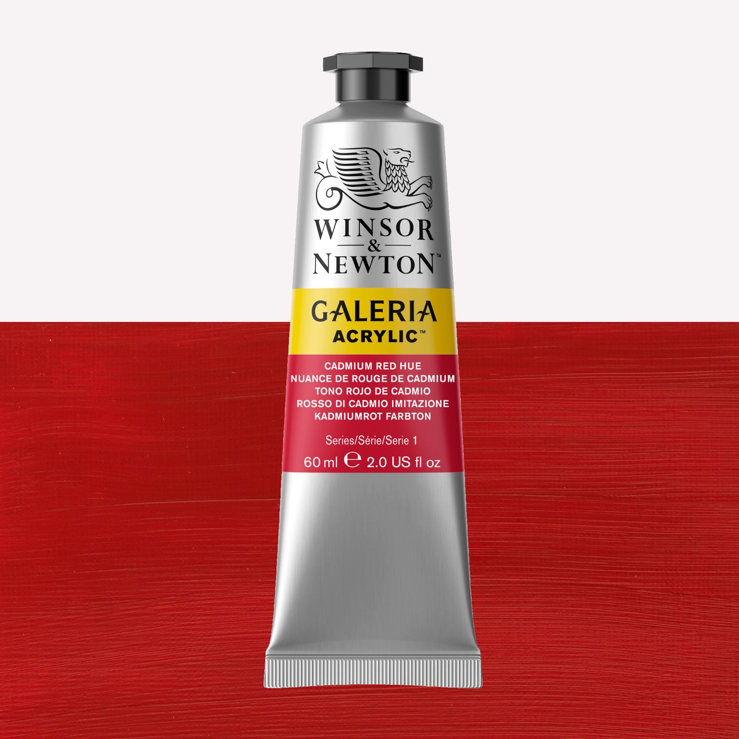 A 60ml tube of vibrant Galeria Acrylic paint in the shade Cadmium Red Hue. This paint, made by Winsor and Newton, is packaged in a silver tube with a black lid. 