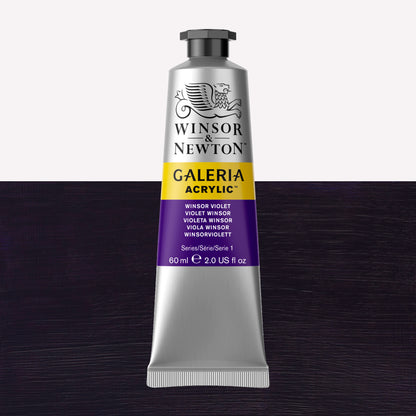 A 60ml tube of vibrant Galeria Acrylic paint in the shade Winsor Violet. This professional-quality paint is packaged in a silver tube with a black lid. Made by Winsor and Newton.