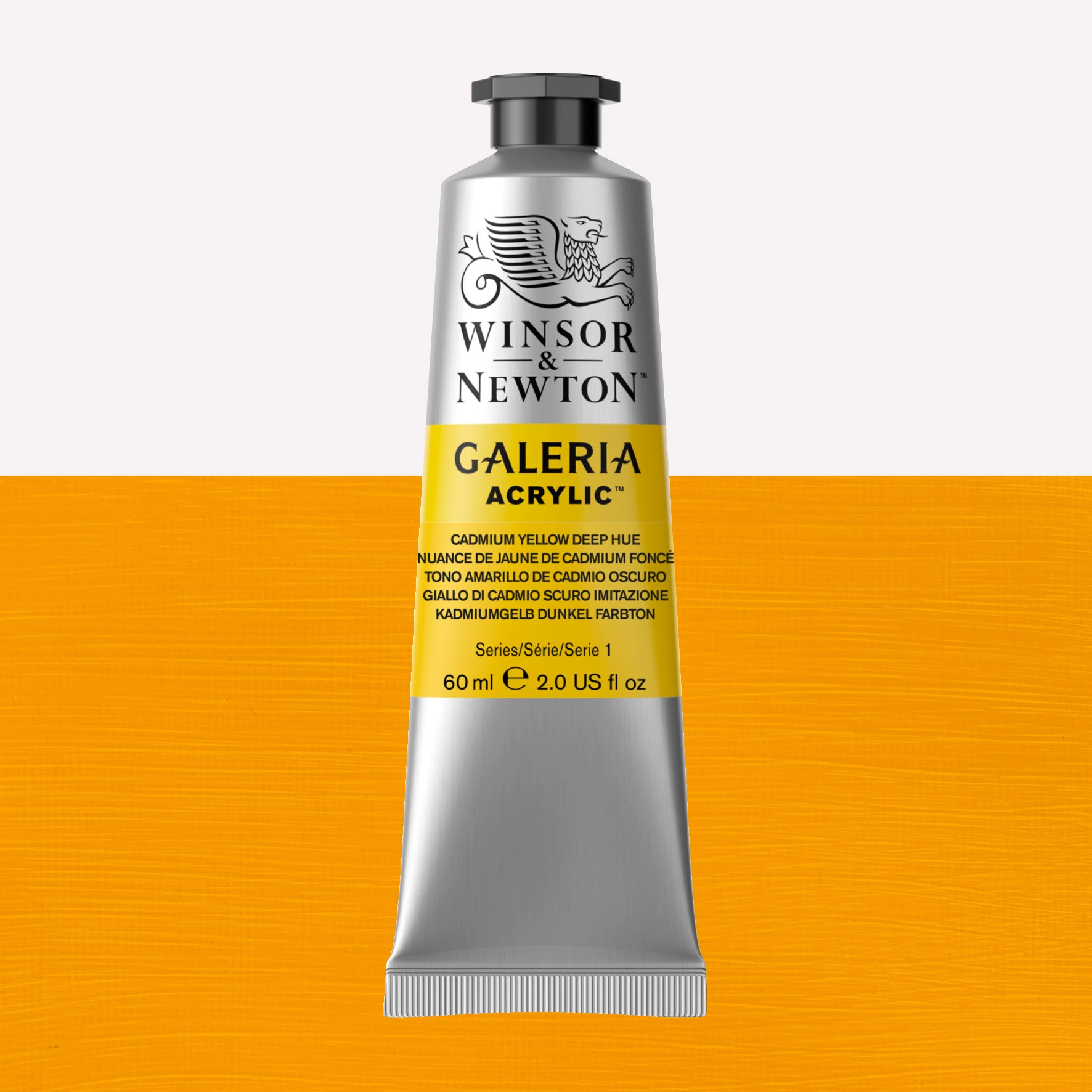 A 60ml tube of vibrant Galeria Acrylic paint in the shade Cadmium Yellow Deep Hue . This paint, made by Winsor and Newton, is packaged in a silver tube with a black lid. 