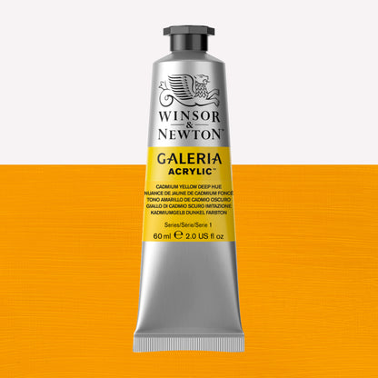 A 60ml tube of vibrant Galeria Acrylic paint in the shade Cadmium Yellow Deep Hue . This paint, made by Winsor and Newton, is packaged in a silver tube with a black lid. 