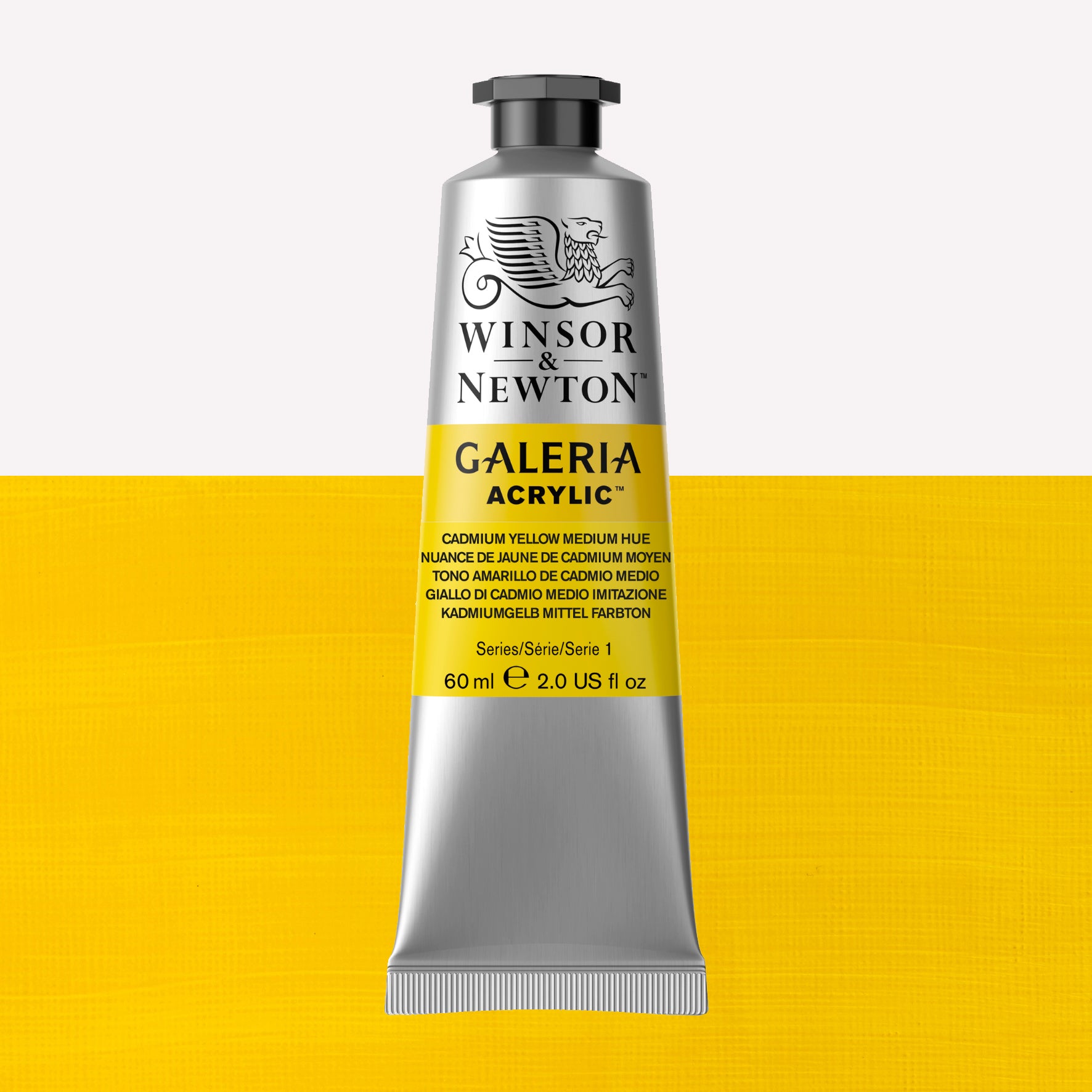 A 60ml tube of vibrant Galeria Acrylic paint in the shade Cadmium Yellow Medium Hue. This paint, made by Winsor and Newton, is packaged in a silver tube with a black lid. 