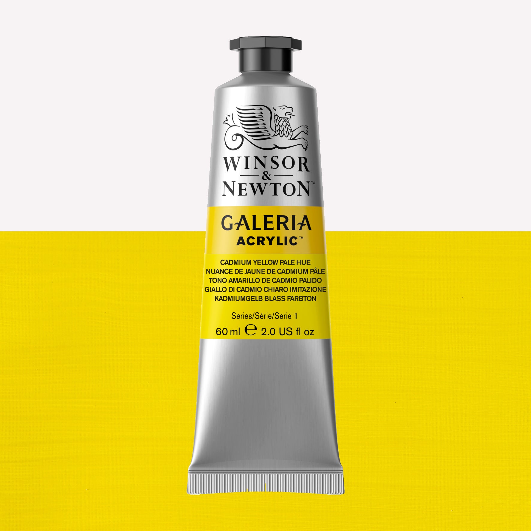 A 60ml tube of vibrant Galeria Acrylic paint in the shade Cadmium Yellow Pale Hue. This paint, made by Winsor and Newton, is packaged in a silver tube with a black lid. 