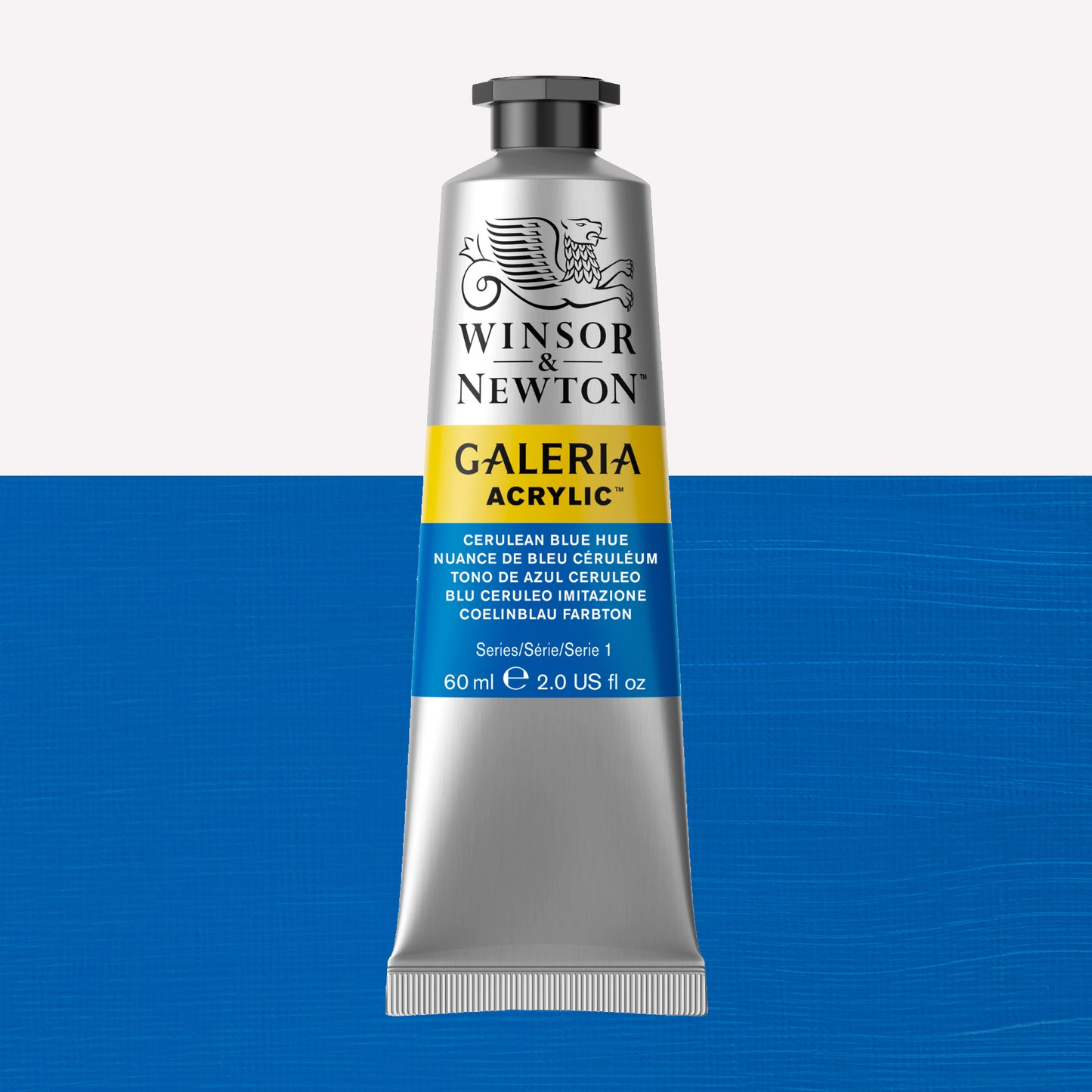 A 60ml tube of vibrant Galeria Acrylic paint in the shade Cerulean Blue Hue. This professional-quality paint is packaged in a silver tube with a black lid. Made by Winsor and Newton.