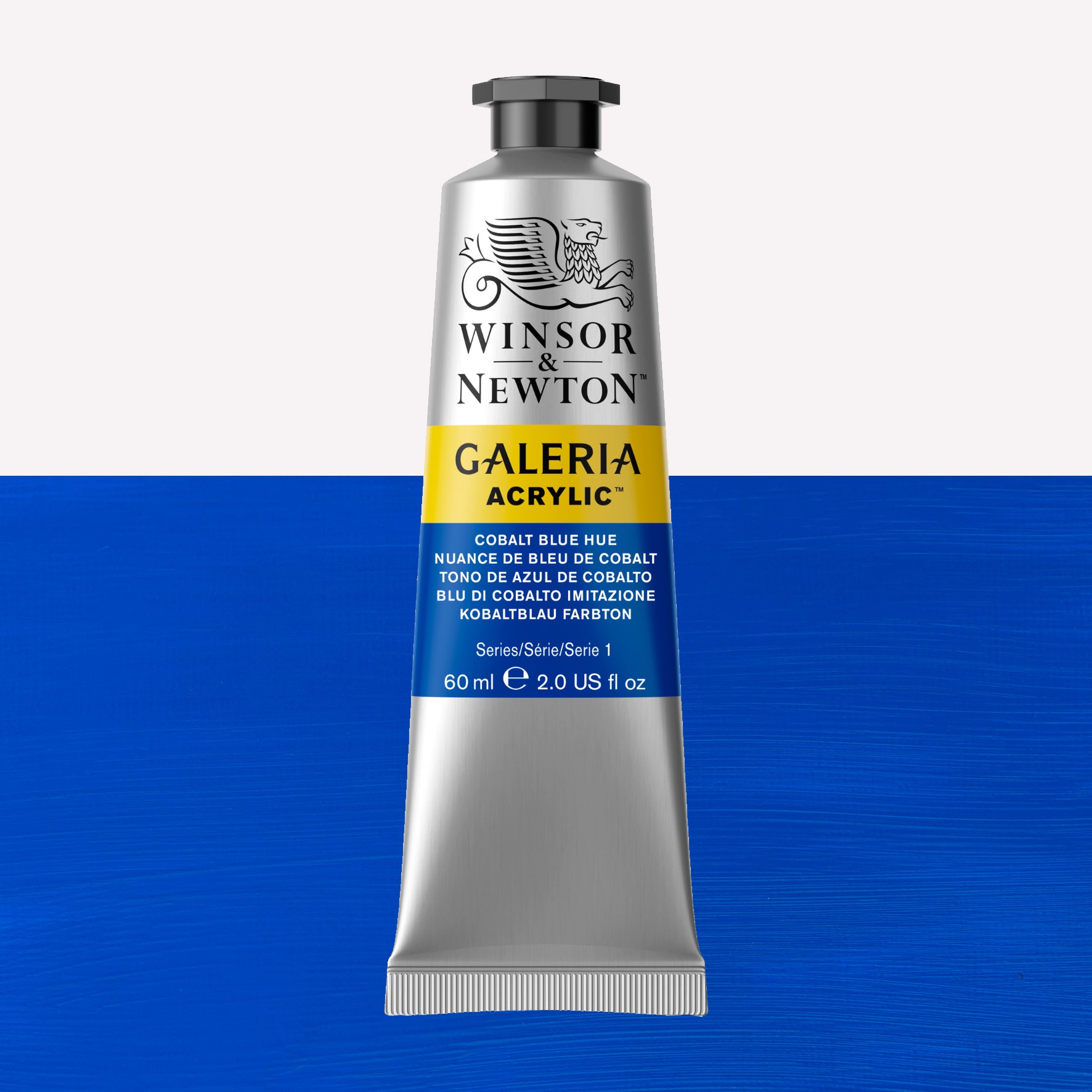 A 60ml tube of vibrant Galeria Acrylic paint in the shade Cobalt Blue Hue. This professional-quality paint is packaged in a silver tube with a black lid. Made by Winsor and Newton.