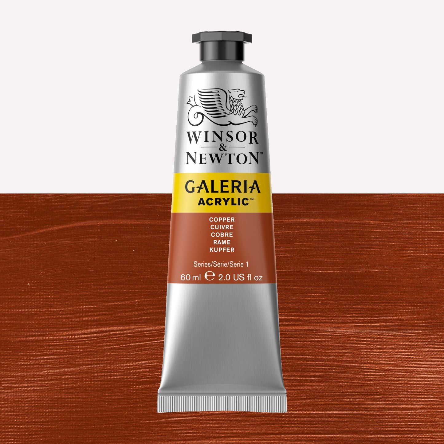 A 60ml tube of vibrant Galeria Acrylic paint in the shade Copper. This professional-quality paint is packaged in a silver tube with a black lid. Made by Winsor and Newton.