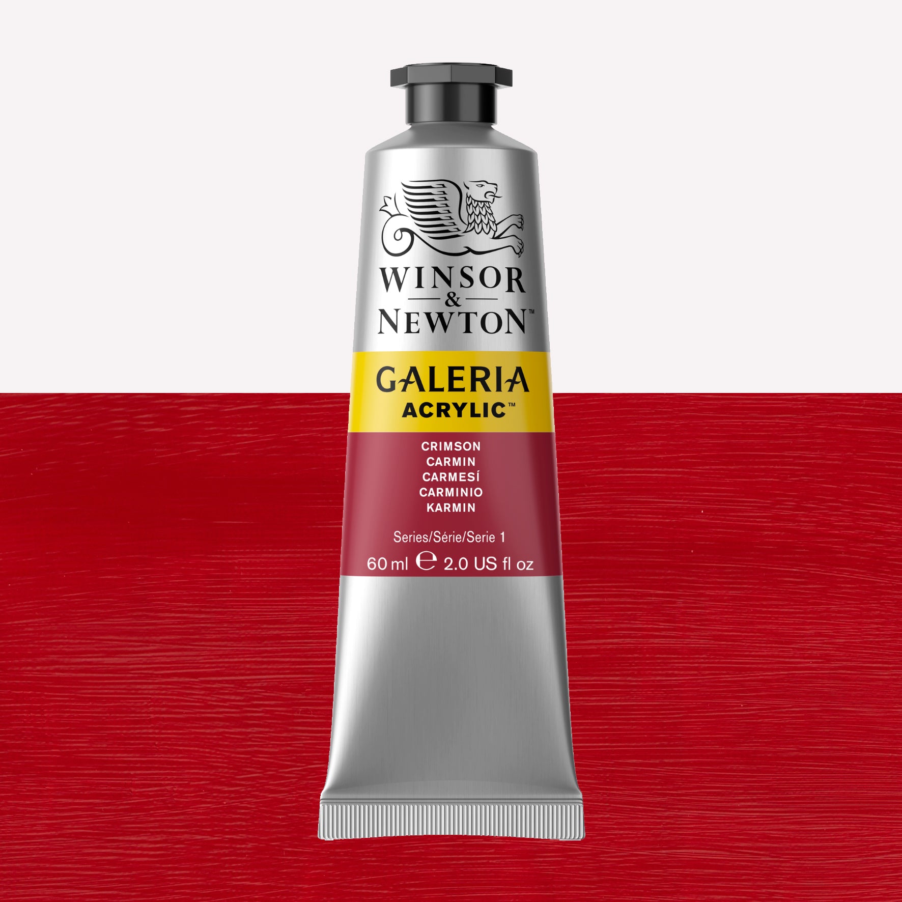 A 60ml tube of vibrant Galeria Acrylic paint in the shade Crimson. This paint, made by Winsor and Newton, is packaged in a silver tube with a black lid. 
