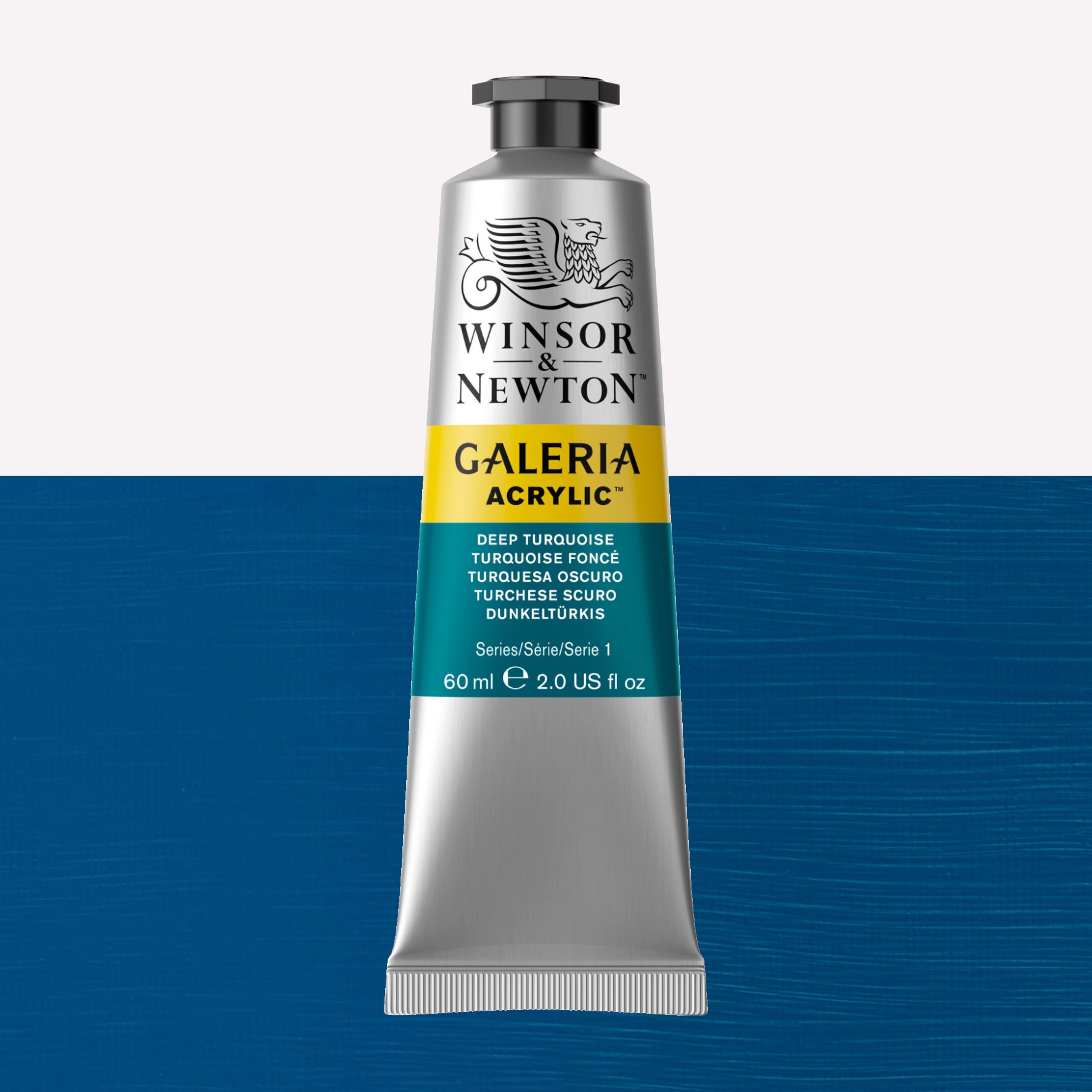 A 60ml tube of vibrant Galeria Acrylic paint in the shade Deep Turquoise. This professional-quality paint is packaged in a silver tube with a black lid. Made by Winsor and Newton.
