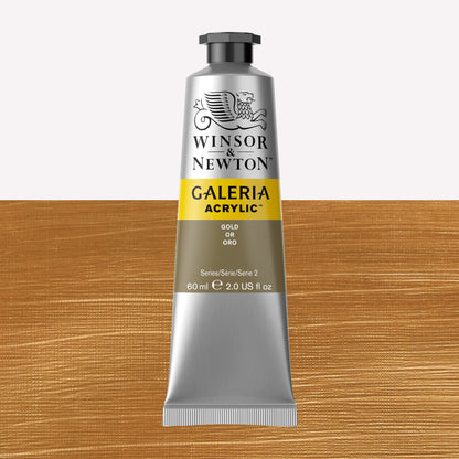 A 60ml tube of vibrant Galeria Acrylic paint in the shade Gold. This professional-quality paint is packaged in a silver tube with a black lid. Made by Winsor and Newton.