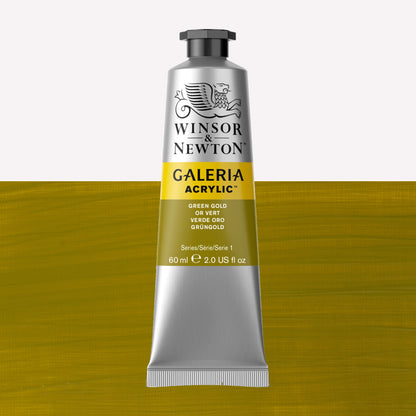 A 60ml tube of vibrant Galeria Acrylic paint in the shade Green Gold. This professional-quality paint is packaged in a silver tube with a black lid. Made by Winsor and Newton.