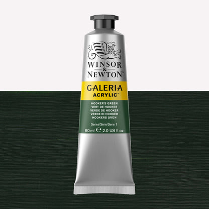A 60ml tube of vibrant Galeria Acrylic paint in the shade Hooker’s Green. This professional-quality paint is packaged in a silver tube with a black lid. Made by Winsor and Newton.
