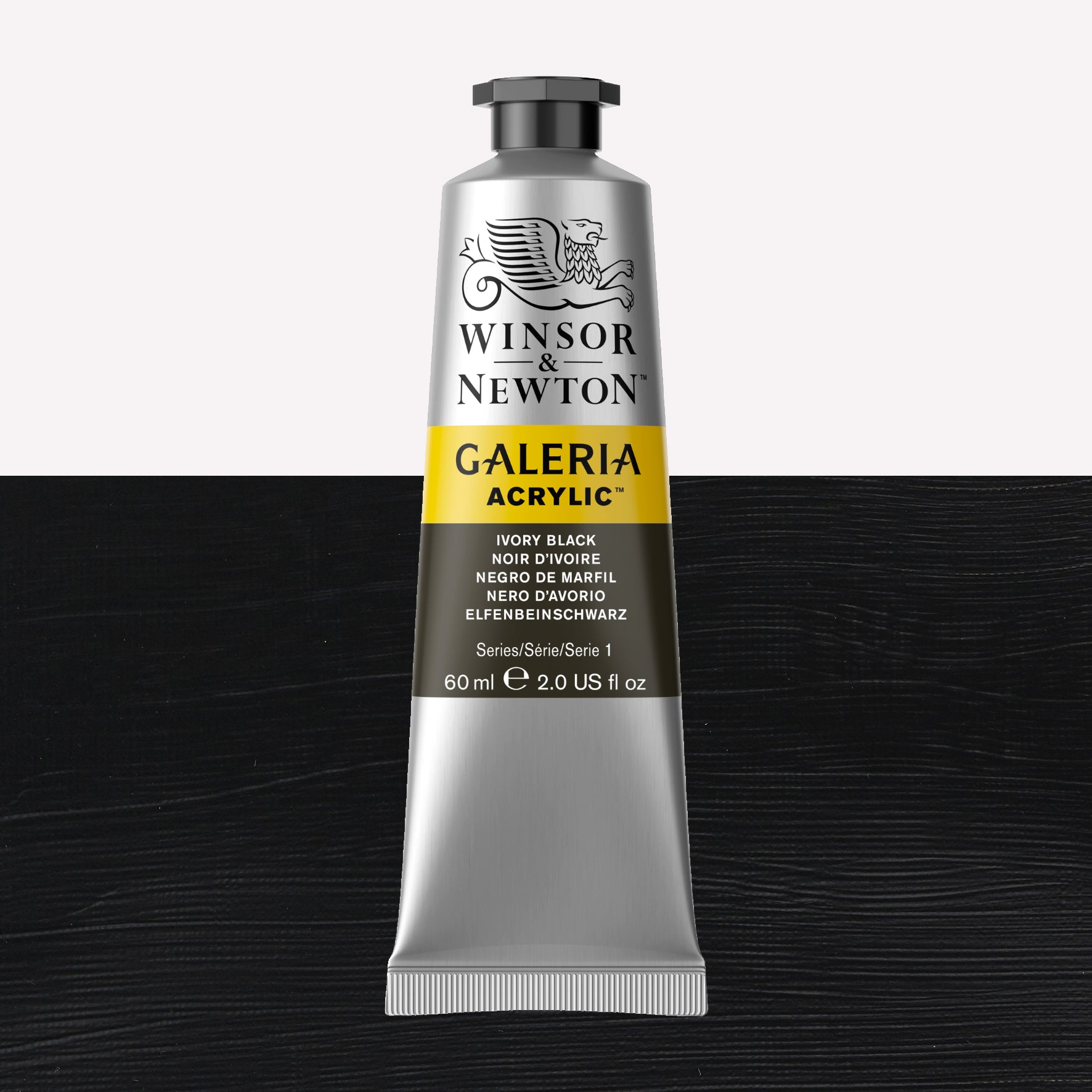 A 60ml tube of vibrant Galeria Acrylic paint in the shade Ivory Black. This professional-quality paint is packaged in a silver tube with a black lid. Made by Winsor and Newton.