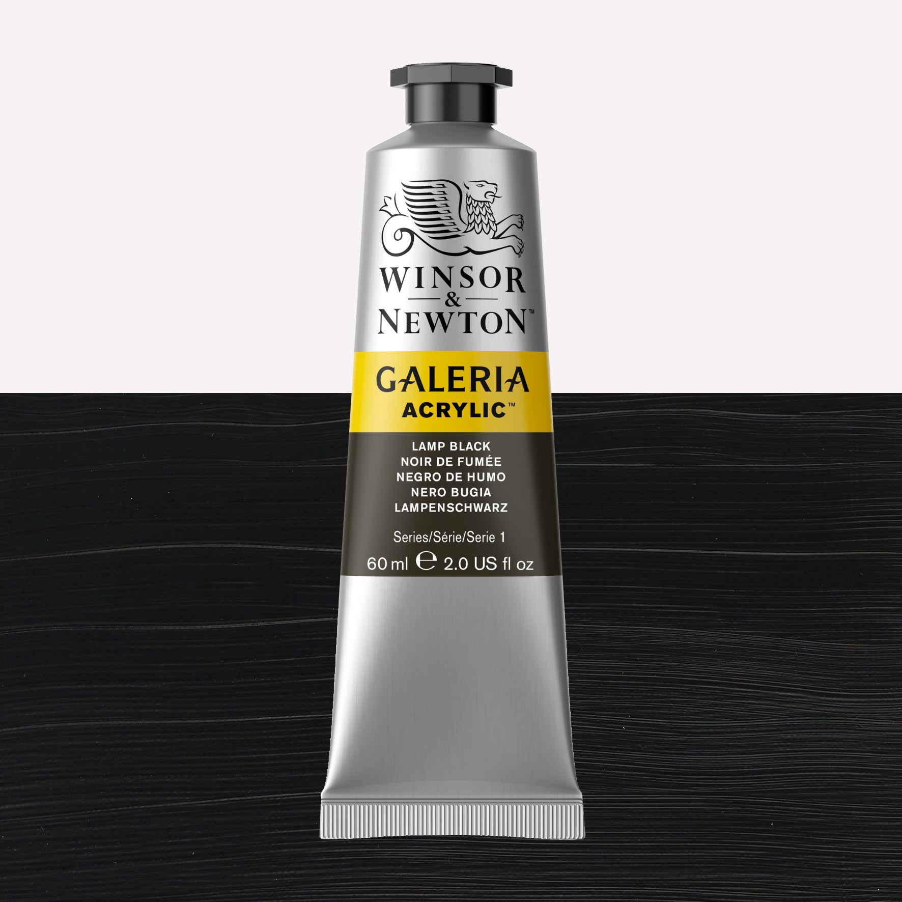 A 60ml tube of vibrant Galeria Acrylic paint in the shade Lamp Black. This professional-quality paint is packaged in a silver tube with a black lid. Made by Winsor and Newton.