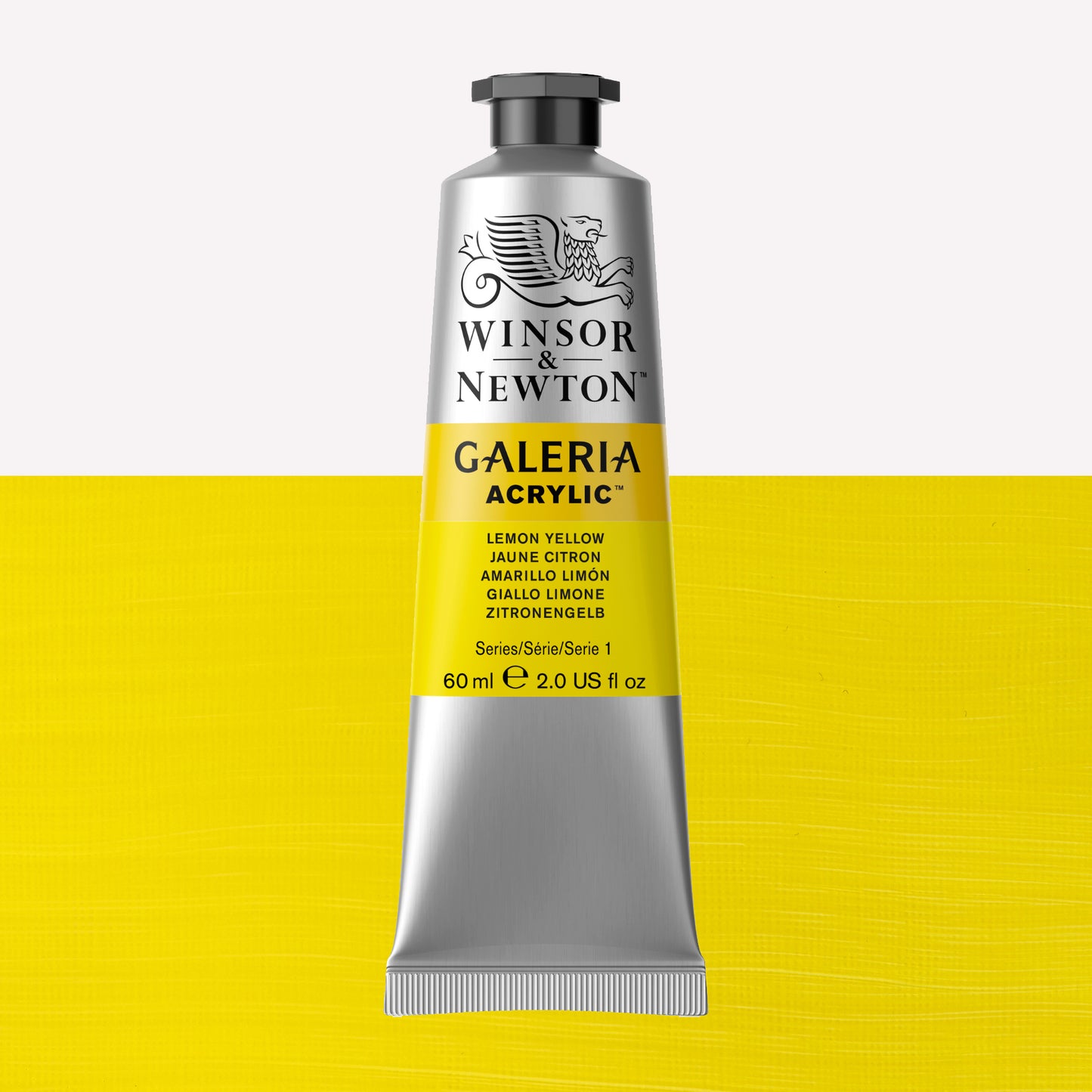 A 60ml tube of vibrant Galeria Acrylic paint in the shade Lemon Yellow . This paint, made by Winsor and Newton, is packaged in a silver tube with a black lid. 