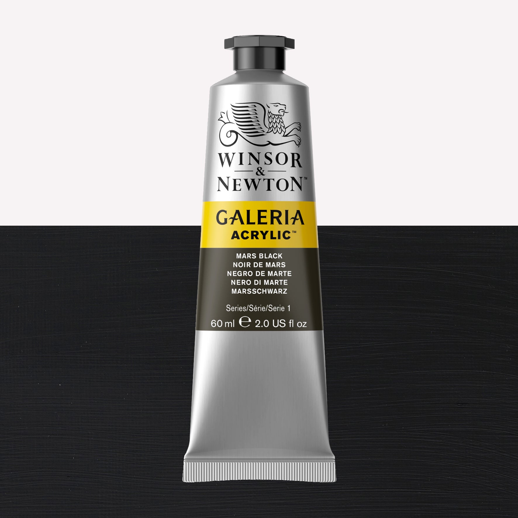 A 60ml tube of vibrant Galeria Acrylic paint in the shade Mars Black. This professional-quality paint is packaged in a silver tube with a black lid. Made by Winsor and Newton.