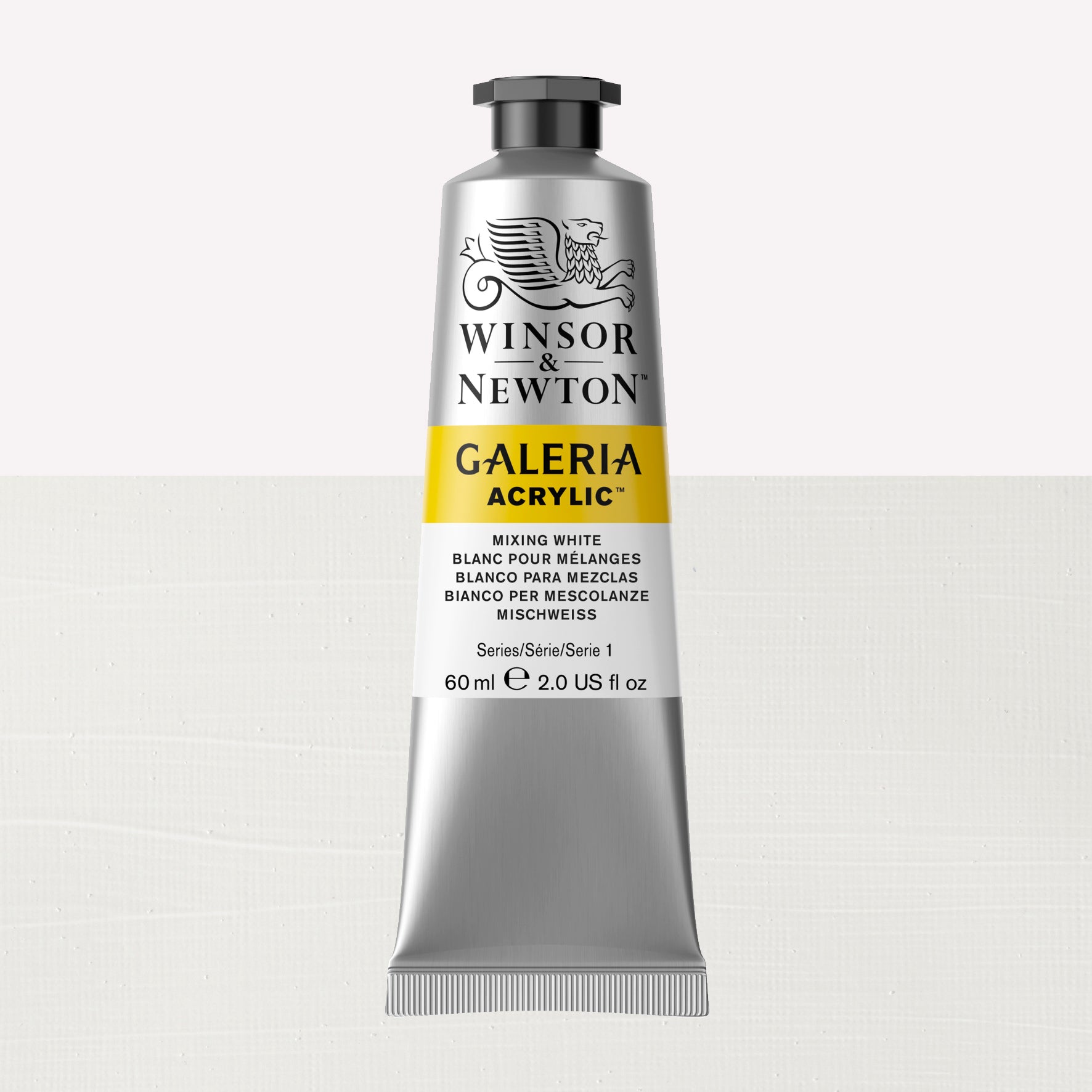 A 60ml tube of vibrant Galeria Acrylic paint in the shade Mixing White. This professional-quality paint is packaged in a silver tube with a black lid. Made by Winsor and Newton.