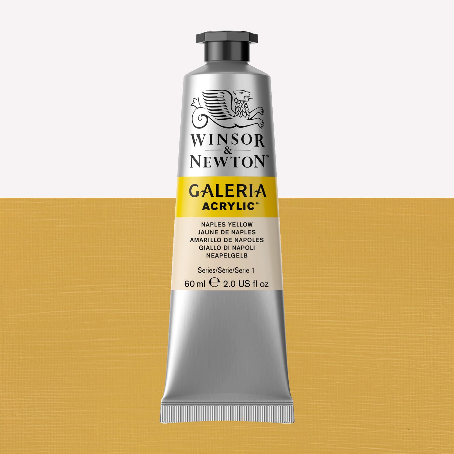 A 60ml tube of vibrant Galeria Acrylic paint in the shade Naples Yellow. This professional-quality paint is packaged in a silver tube with a black lid. Made by Winsor and Newton.