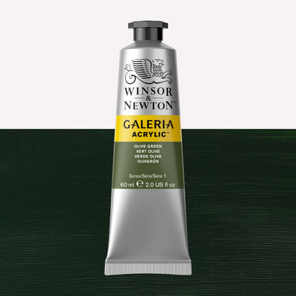 A 60ml tube of vibrant Galeria Acrylic paint in the shade Olive Green. This professional-quality paint is packaged in a silver tube with a black lid. Made by Winsor and Newton.
