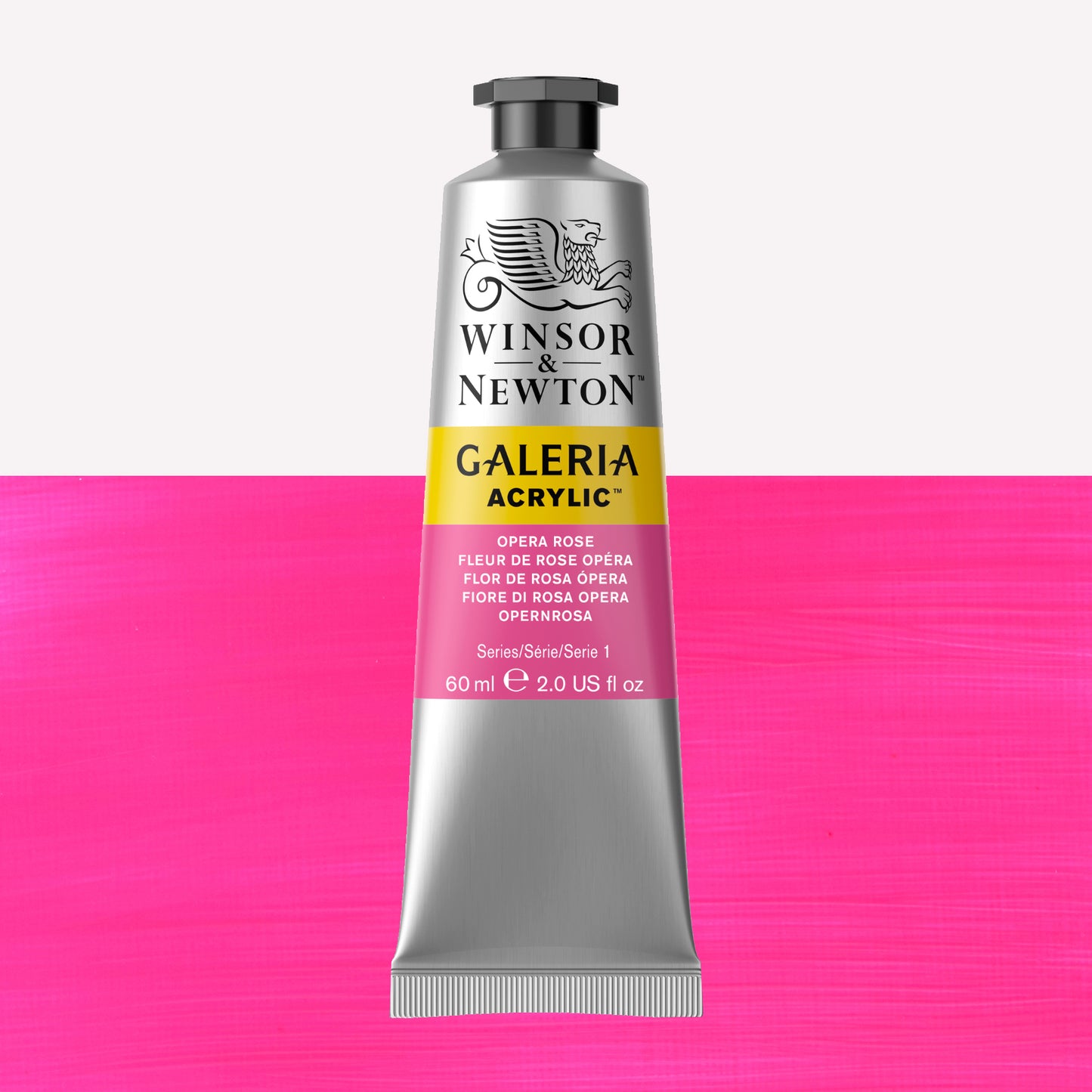 A 60ml tube of vibrant Galeria Acrylic paint in the shade Opera Rose. This professional-quality paint is packaged in a silver tube with a black lid. Made by Winsor and Newton