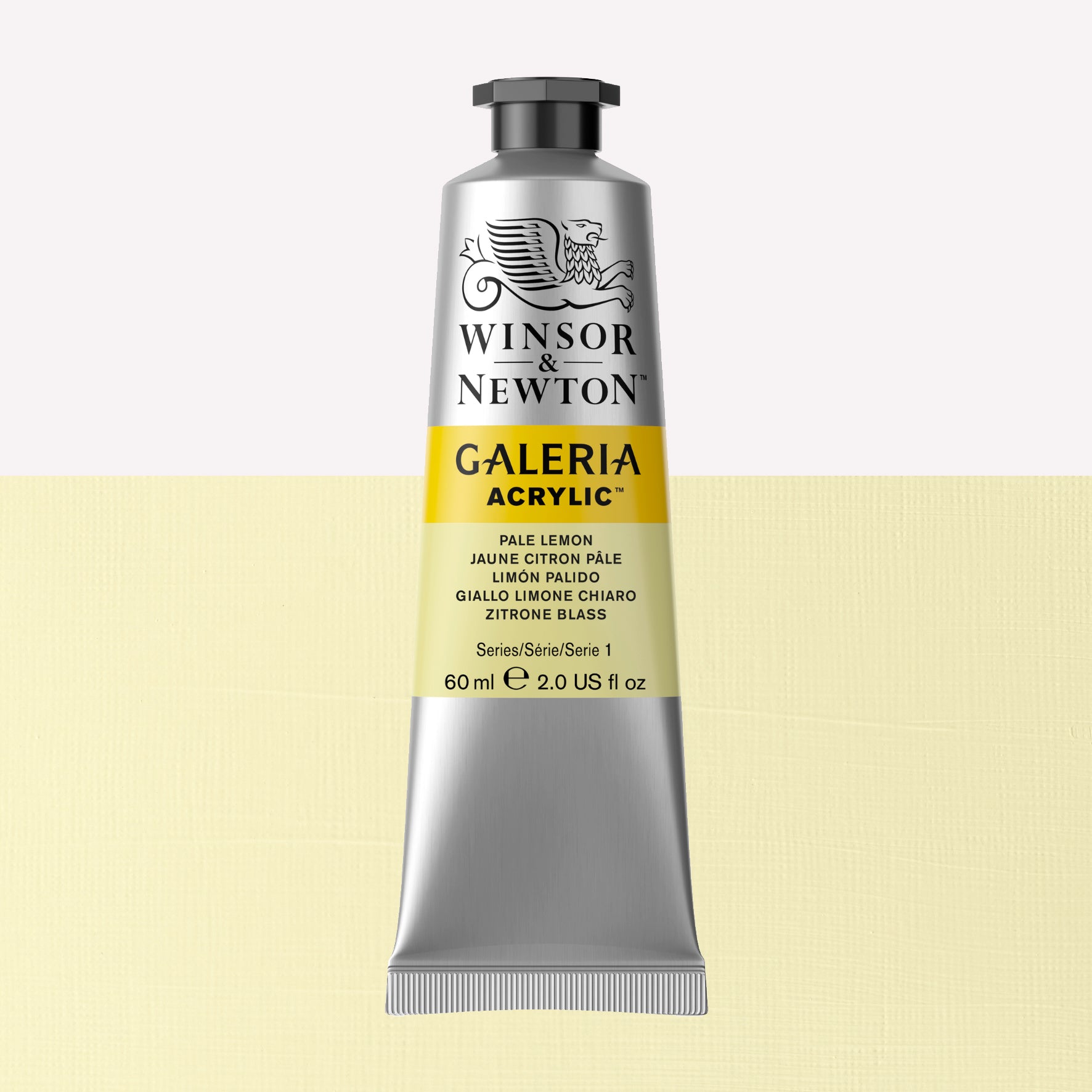 A 60ml tube of vibrant Galeria Acrylic paint in the shade Pale Lemon. This paint, made by Winsor and Newton, is packaged in a silver tube with a black lid. 