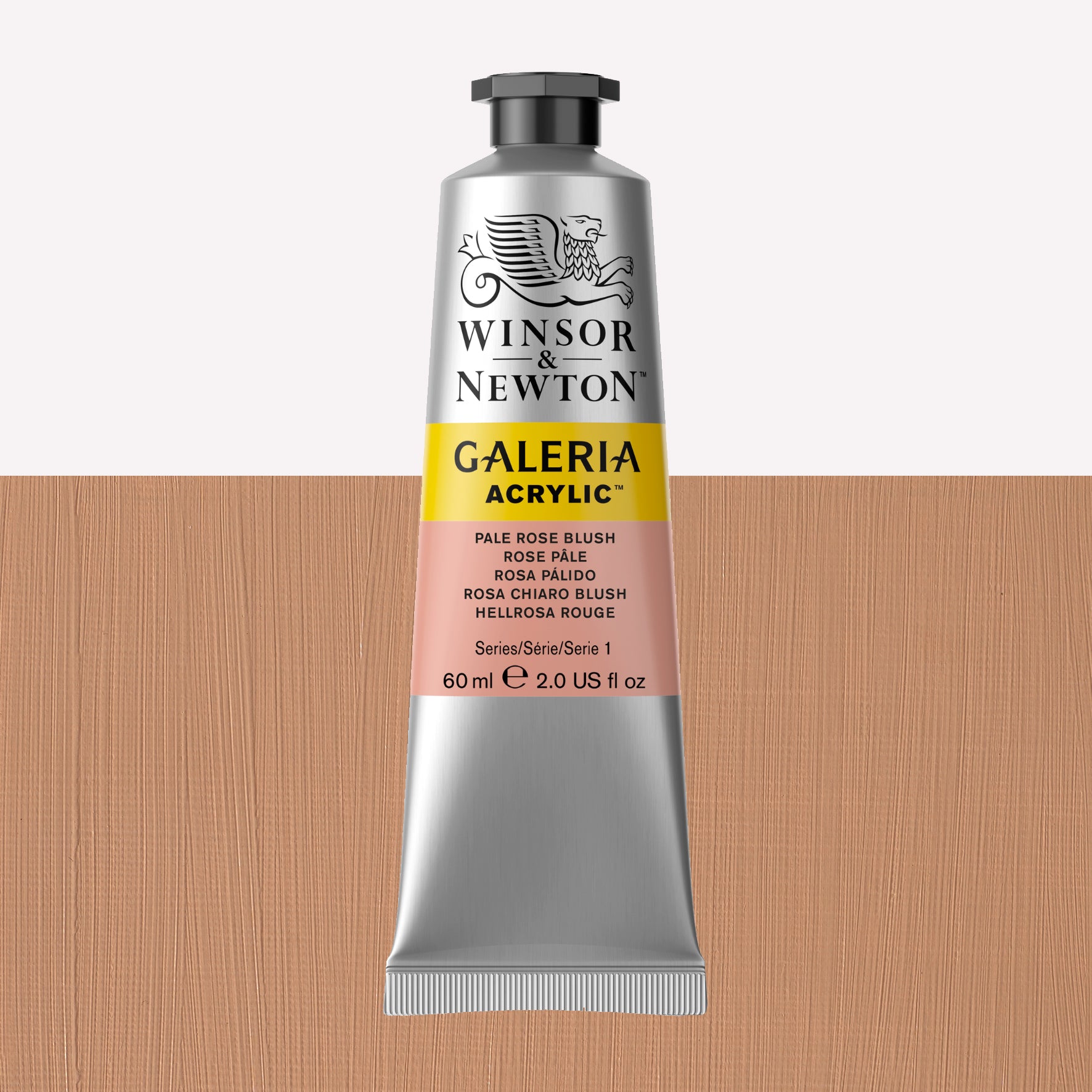 A 60ml tube of vibrant Galeria Acrylic paint in the shade Pale Rose Blush . This paint, made by Winsor and Newton, is packaged in a silver tube with a black lid. 