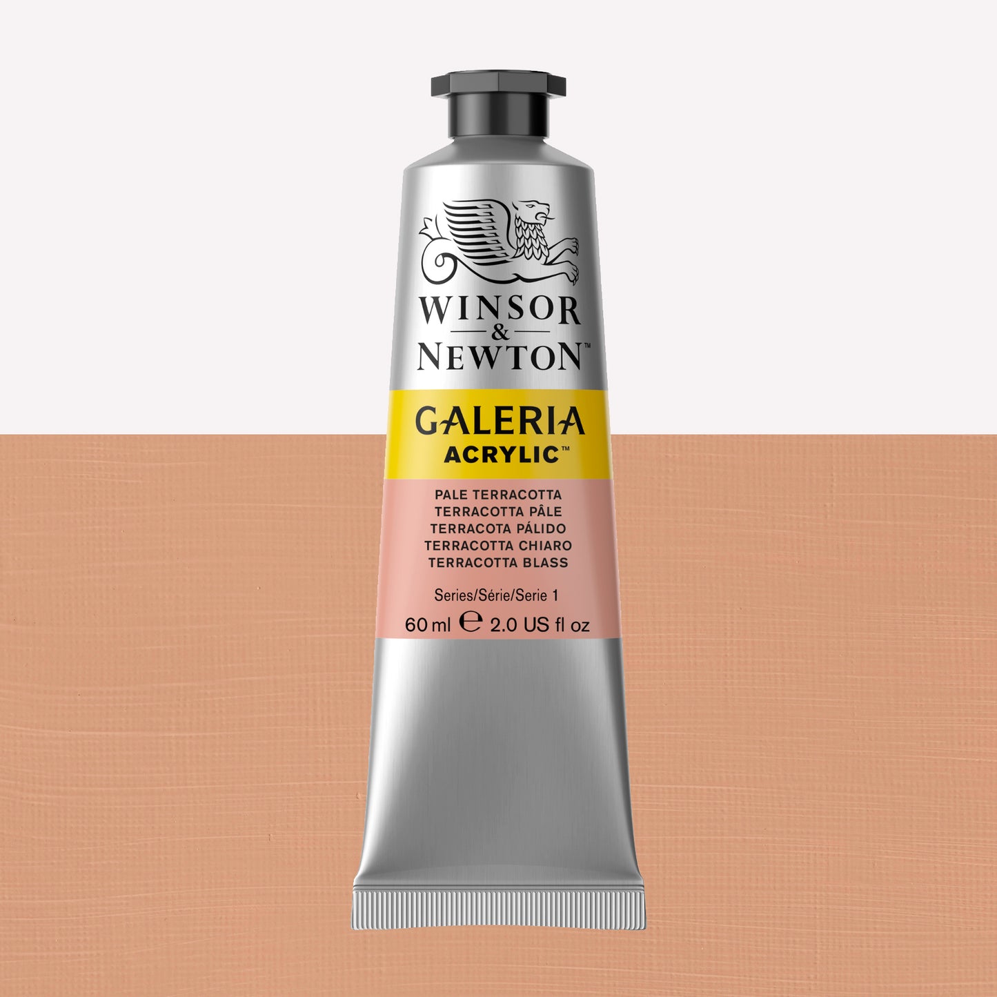 A 60ml tube of vibrant Galeria Acrylic paint in the shade Pale Terracotta. This professional-quality paint is packaged in a silver tube with a black lid. Made by Winsor and Newton.