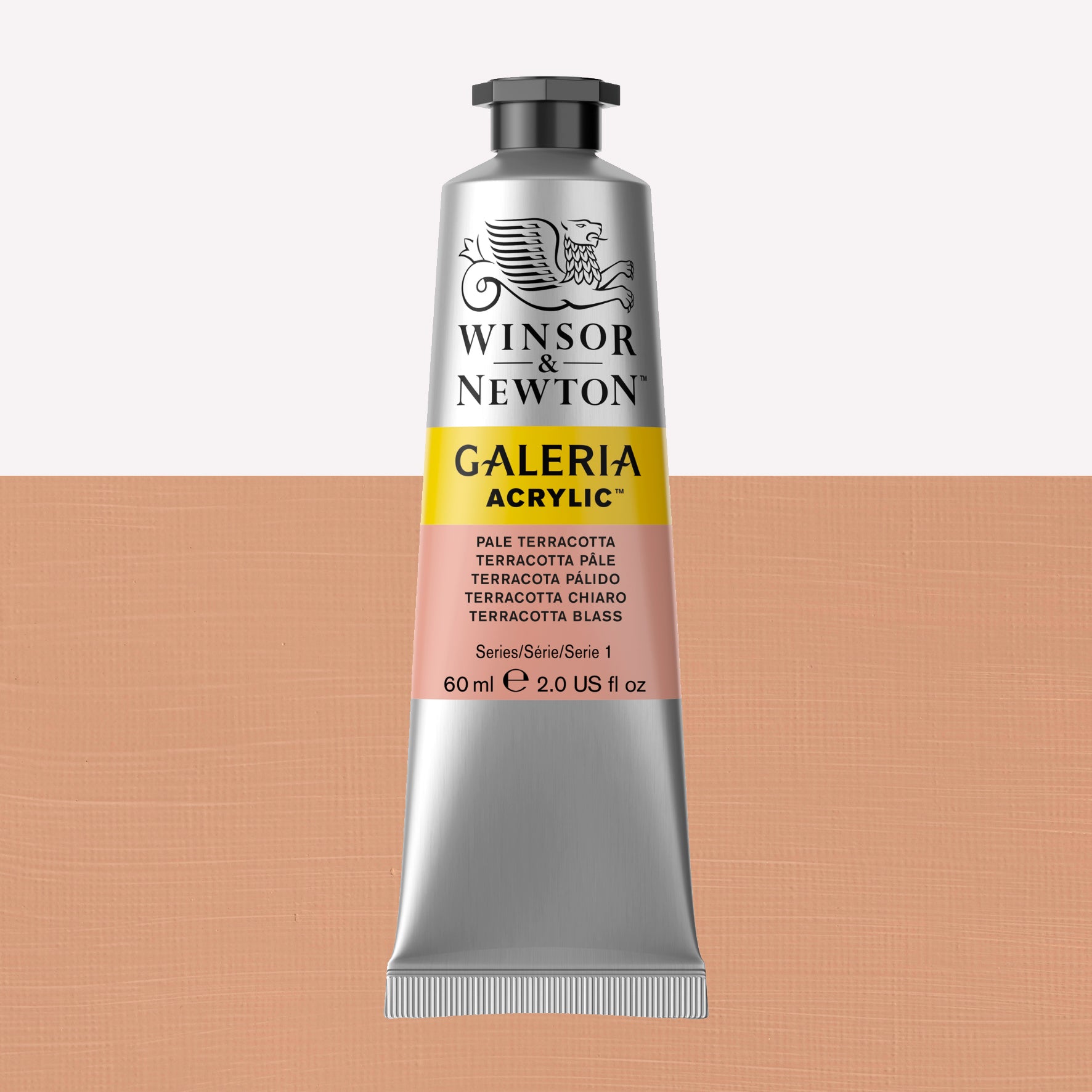 A 60ml tube of vibrant Galeria Acrylic paint in the shade Pale Terracotta. This professional-quality paint is packaged in a silver tube with a black lid. Made by Winsor and Newton.