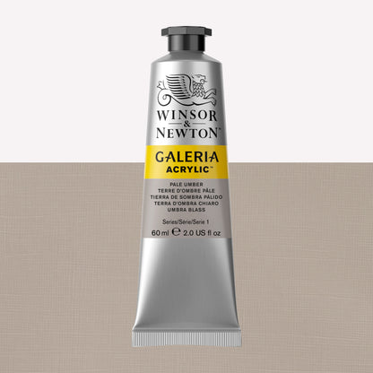 A 60ml tube of vibrant Galeria Acrylic paint in the shade Pale Umber. This professional-quality paint is packaged in a silver tube with a black lid. Made by Winsor and Newton.