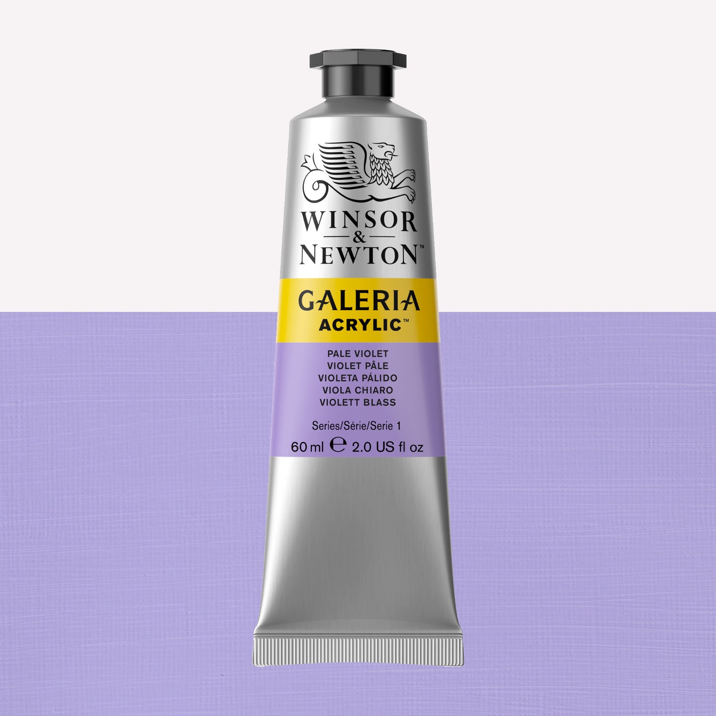 A 60ml tube of vibrant Galeria Acrylic paint in the shade Pale Violet. This professional-quality paint is packaged in a silver tube with a black lid. Made by Winsor and Newton.