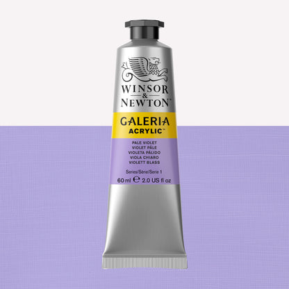 A 60ml tube of vibrant Galeria Acrylic paint in the shade Pale Violet. This professional-quality paint is packaged in a silver tube with a black lid. Made by Winsor and Newton.