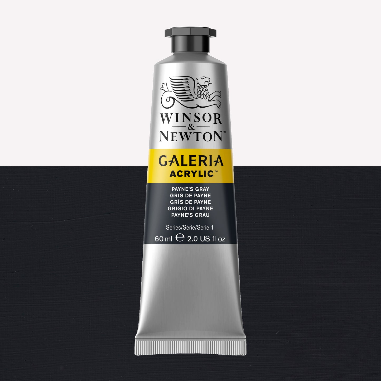 A 60ml tube of vibrant Galeria Acrylic paint in the shade Payne’s Gray. This professional-quality paint is packaged in a silver tube with a black lid. Made by Winsor and Newton.