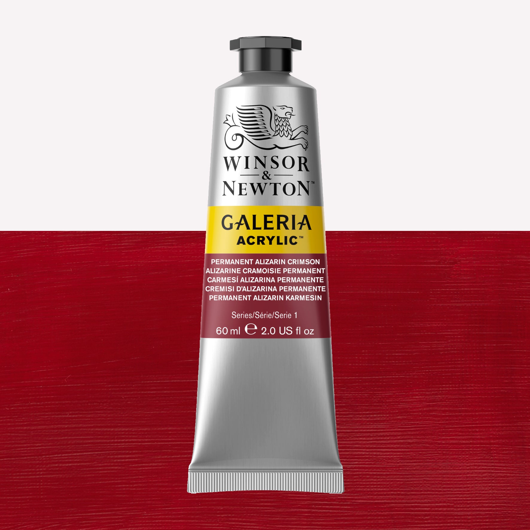 A 60ml tube of vibrant Galeria Acrylic paint in the shade Permanent Alizarin Crimson. This paint, made by Winsor and Newton, is packaged in a silver tube with a black lid. 
