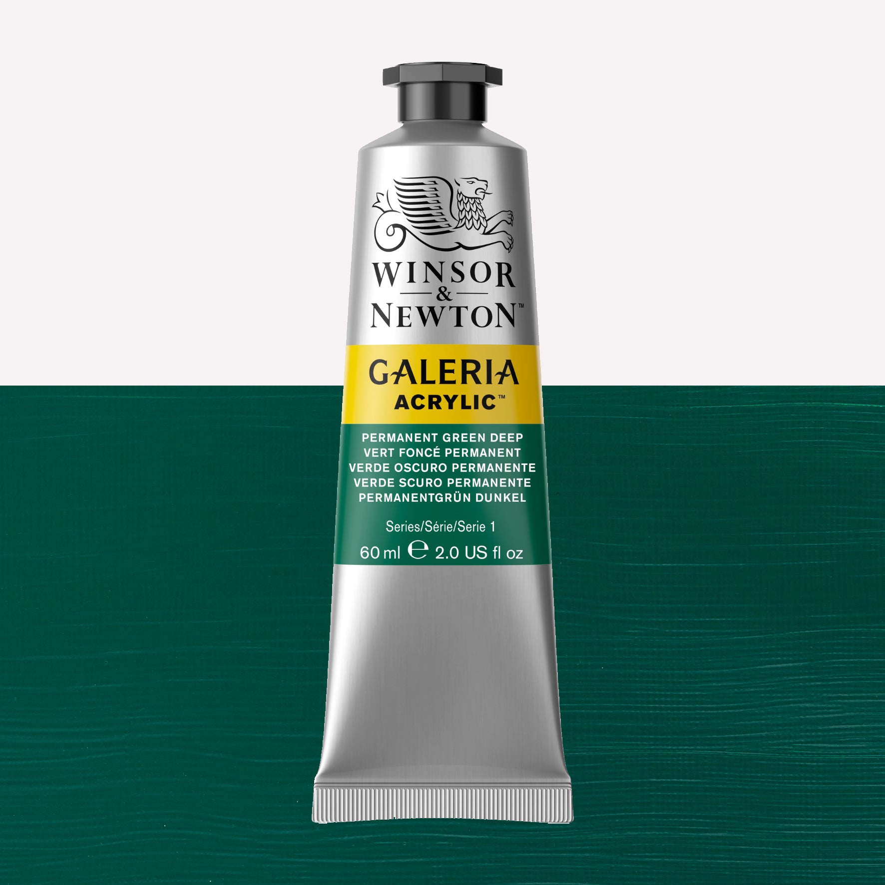 A 60ml tube of vibrant Galeria Acrylic paint in the shade Permanent Green Deep. This professional-quality paint is packaged in a silver tube with a black lid. Made by Winsor and Newton.