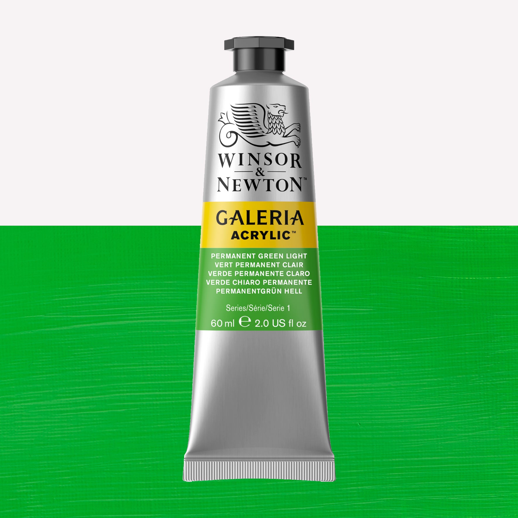 A 60ml tube of vibrant Galeria Acrylic paint in the shade Permanent Green Light. This professional-quality paint is packaged in a silver tube with a black lid. Made by Winsor and Newton.