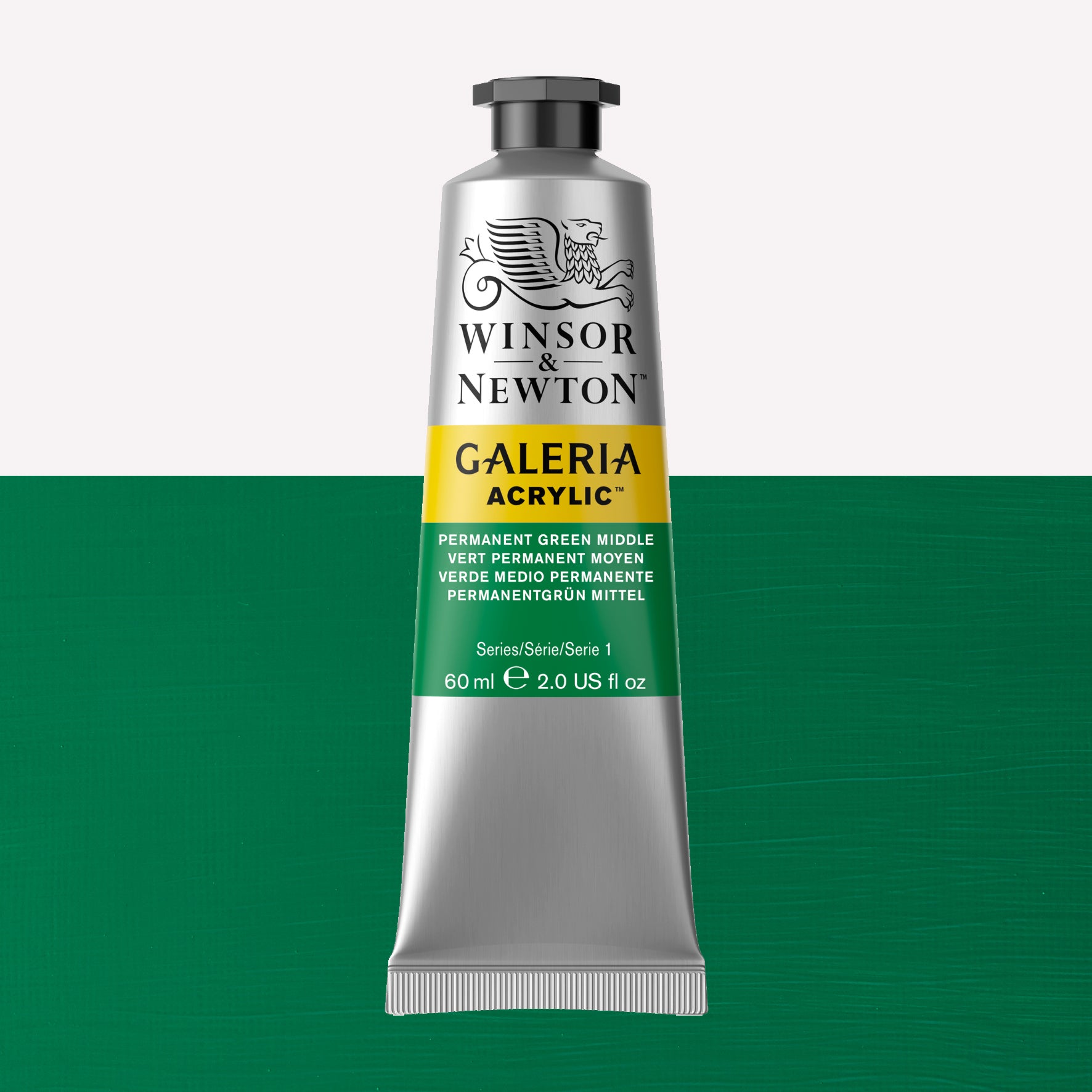 A 60ml tube of vibrant Galeria Acrylic paint in the shade Permanent Green Middle. This professional-quality paint is packaged in a silver tube with a black lid. Made by Winsor and Newton.