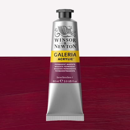 A 60ml tube of vibrant Galeria Acrylic paint in the shade Permanent Magenta. This paint, made by Winsor and Newton, is packaged in a silver tube with a black lid. 