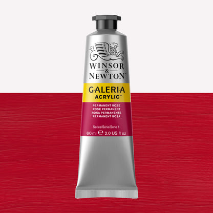 A 60ml tube of vibrant Galeria Acrylic paint in the shade Permanent Rose. This professional-quality paint is packaged in a silver tube with a black lid. Made by Winsor and Newton